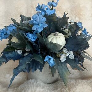 Hand designed Blue Faux Floral Arrangement with White Pumpkins - Home Accents